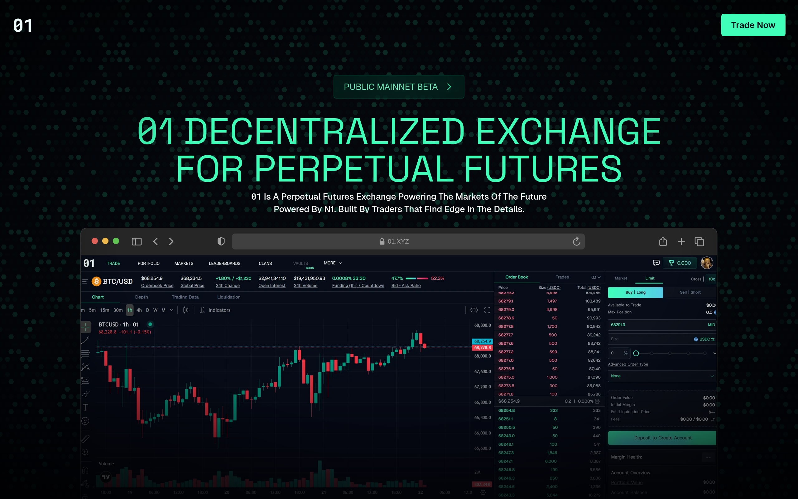 Главная страница 01.xyz — децентрализованная биржа вечных контрактов на N1