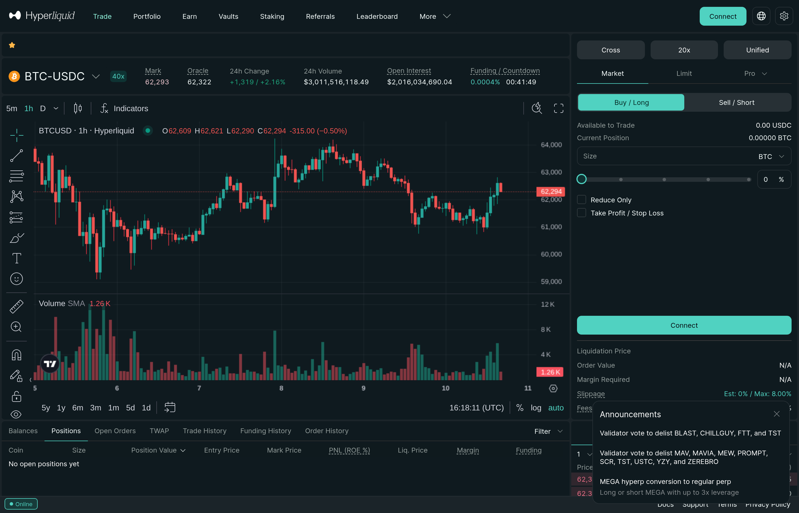 Экран торговли BTC на Hyperliquid — mark price, ставка фандинга и таймер, тикет Buy/Long справа