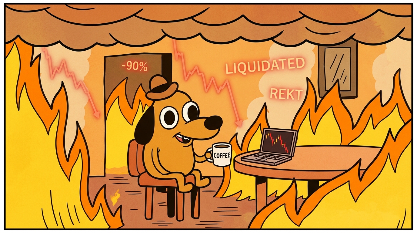 Мем «This is fine» — трейдер спокойно сидит, пока портфель горит