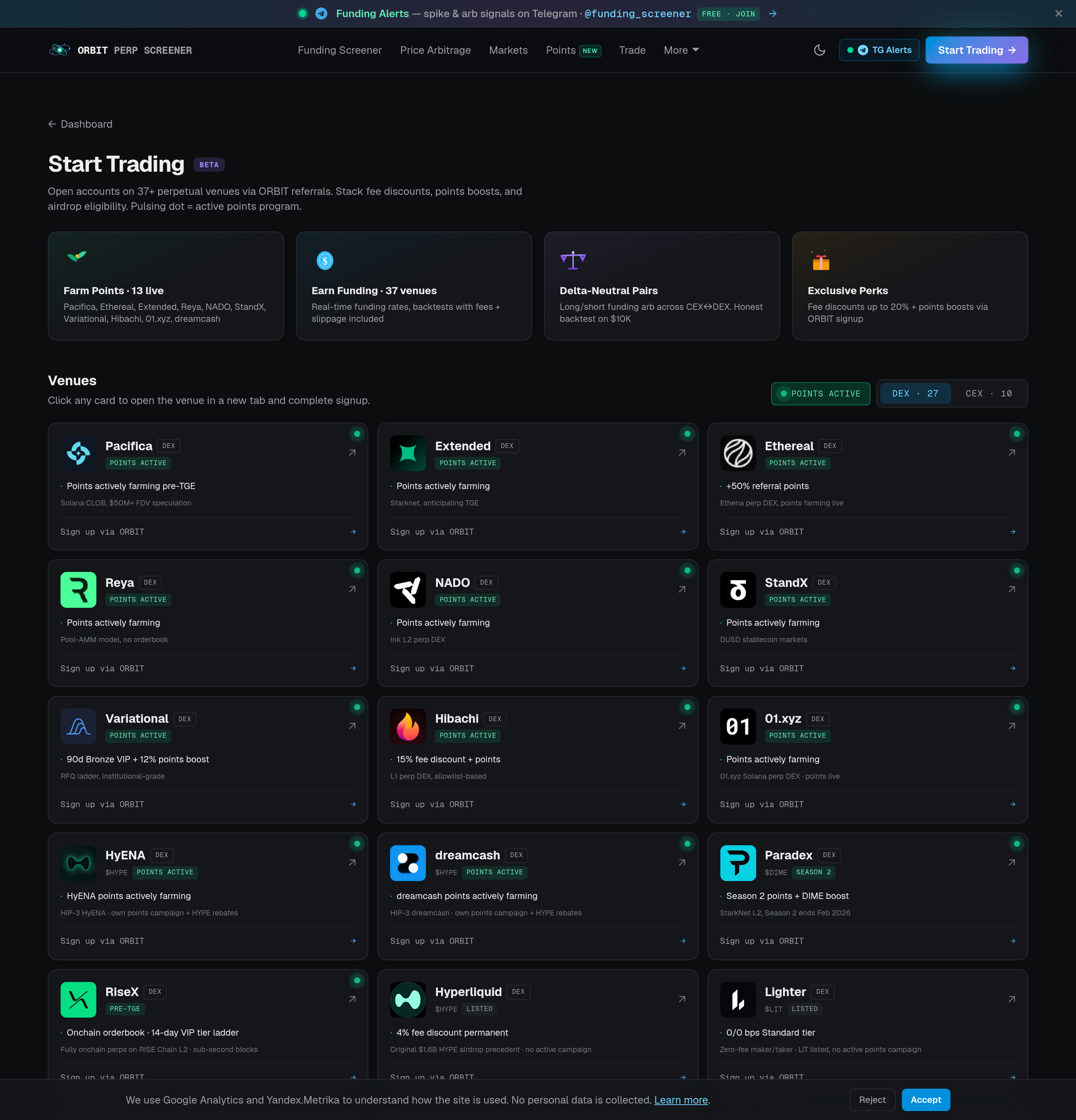 ORBIT Trade page listing 30+ perp venues with referral perks and Points Active badges
