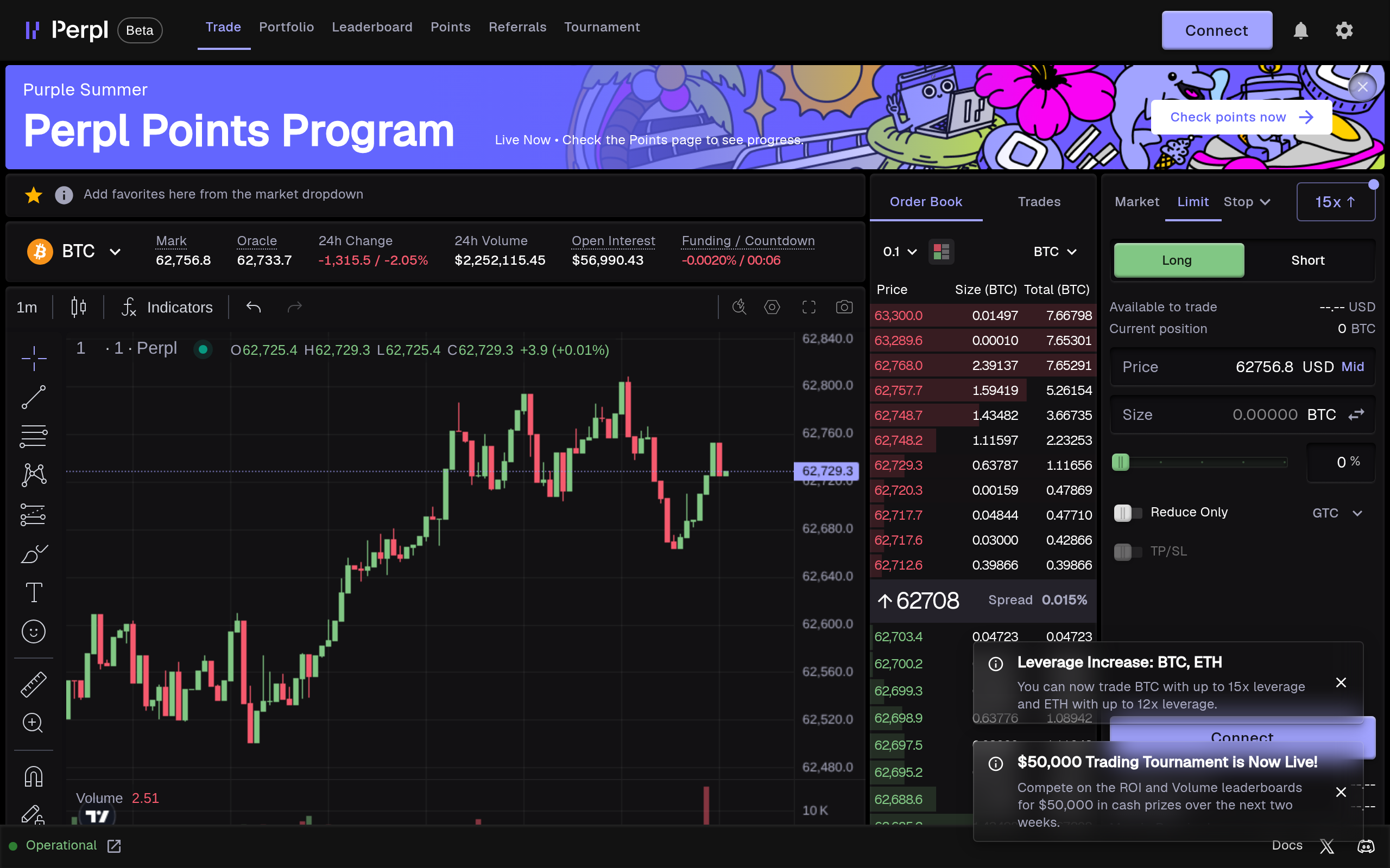 Торговый интерфейс Perpl — on-chain ордербук BTC на Monad с баннером Points Program